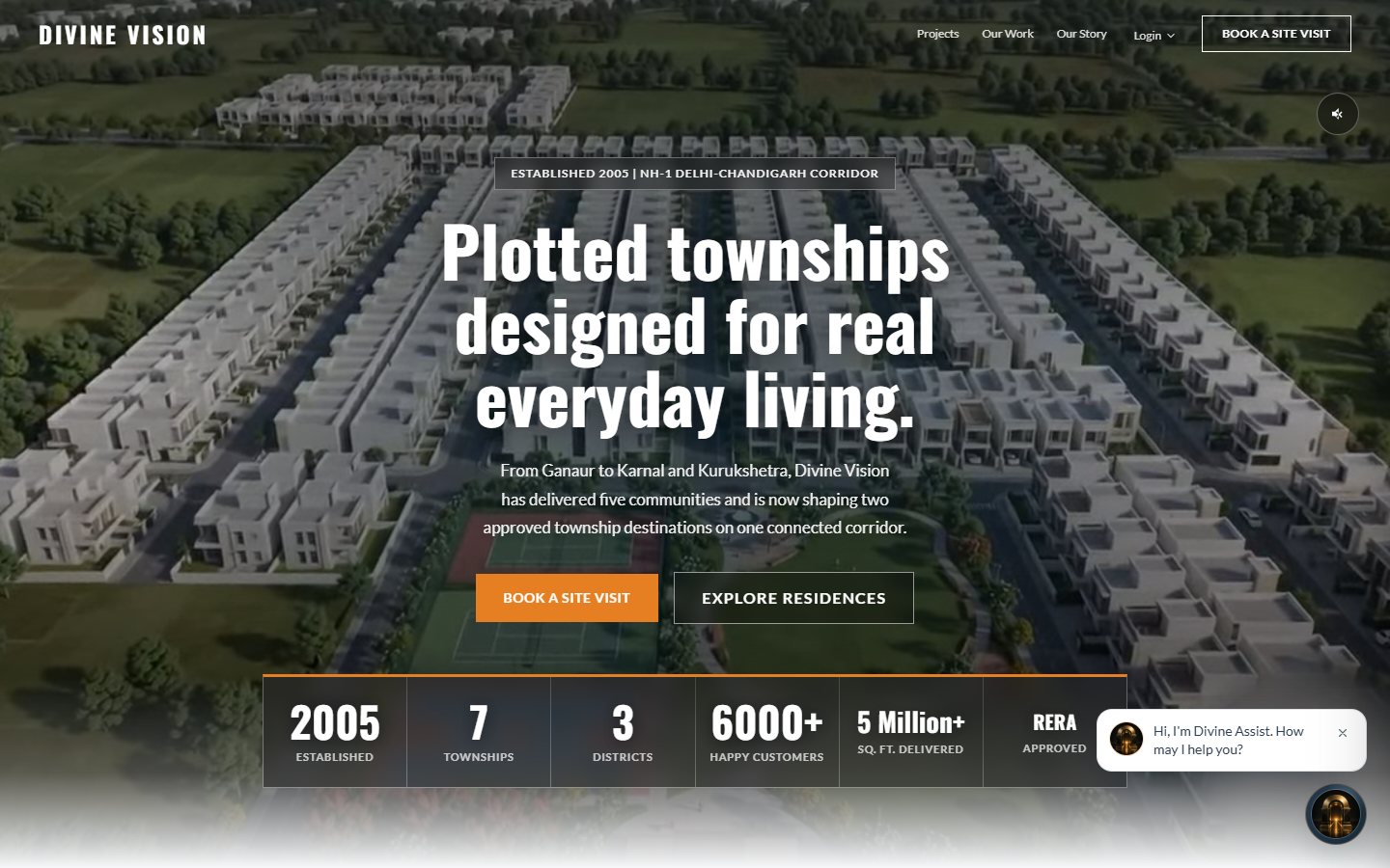 Divine Vision Infratech website showing its plotted township experience and site visit call to action