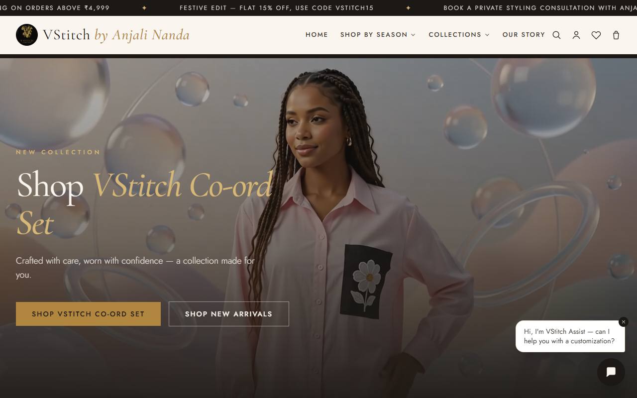 VStitch by Anjali Nanda storefront home page showing the new collection hero, navigation and shopping bag